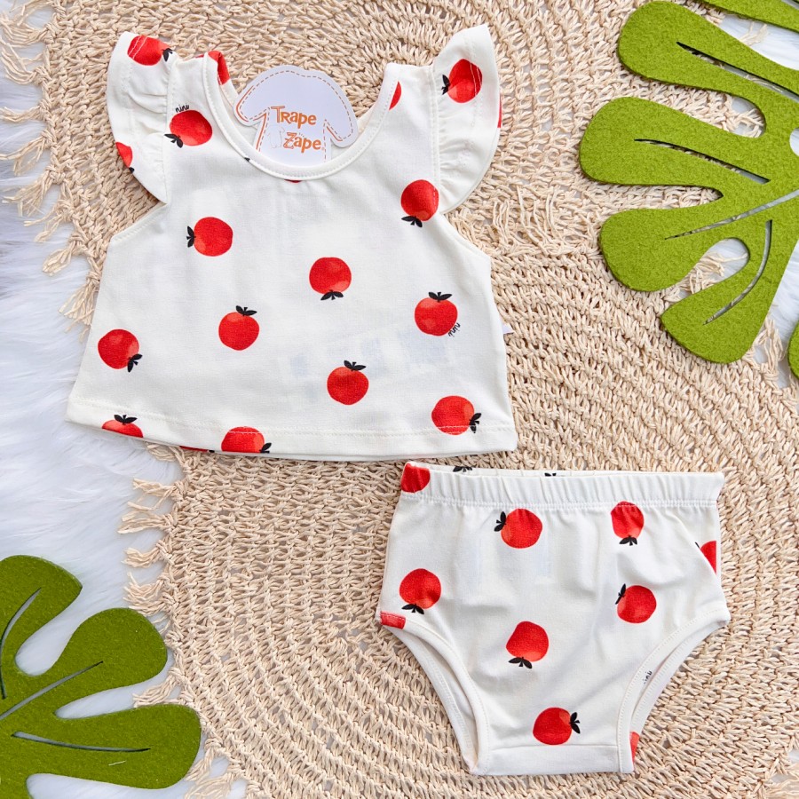 Conj. Blusa e Tapa Fralda Maçãs - Off White e Vermelho